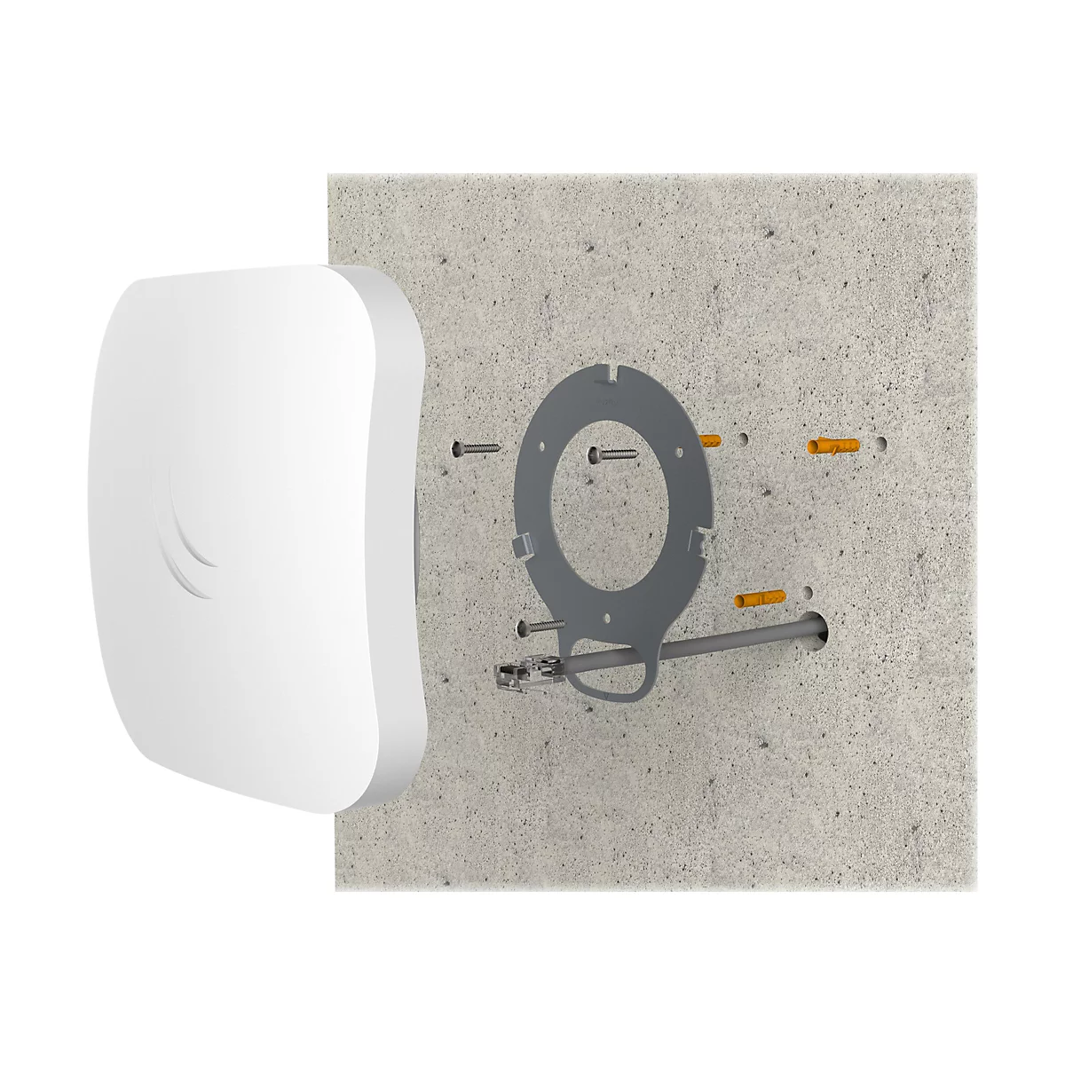 Montageanleitung für einen weißen WLAN-Access-Point an einer Wand mit Halteplatte, Dübeln und Netzwerkkabel.