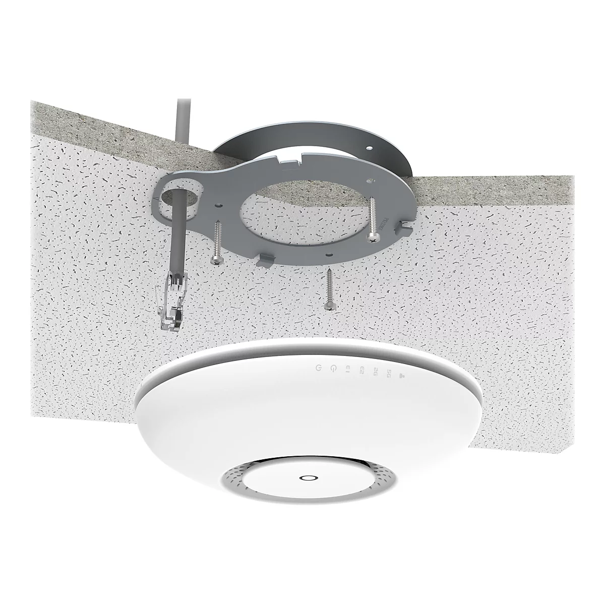 Ein weißer, runder Access Point wird mit einer Metallhalterung an einer Decke montiert.