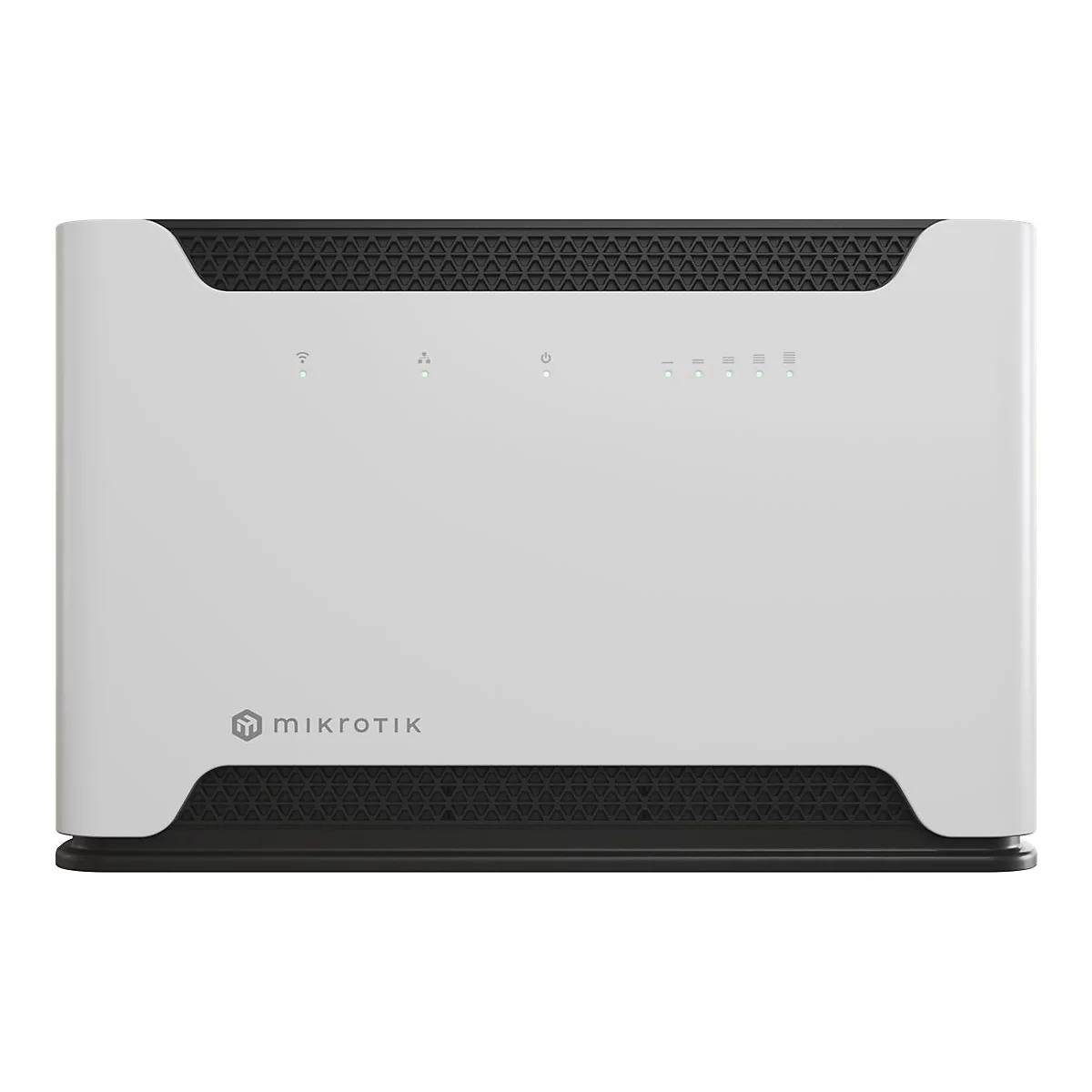 Weißer Router mit schwarzen Lüftungsschlitzen. Logo "MikroTik" unterhalb. Oben und unten Lüftungsschlitze, darüber Kontrollleuchten.