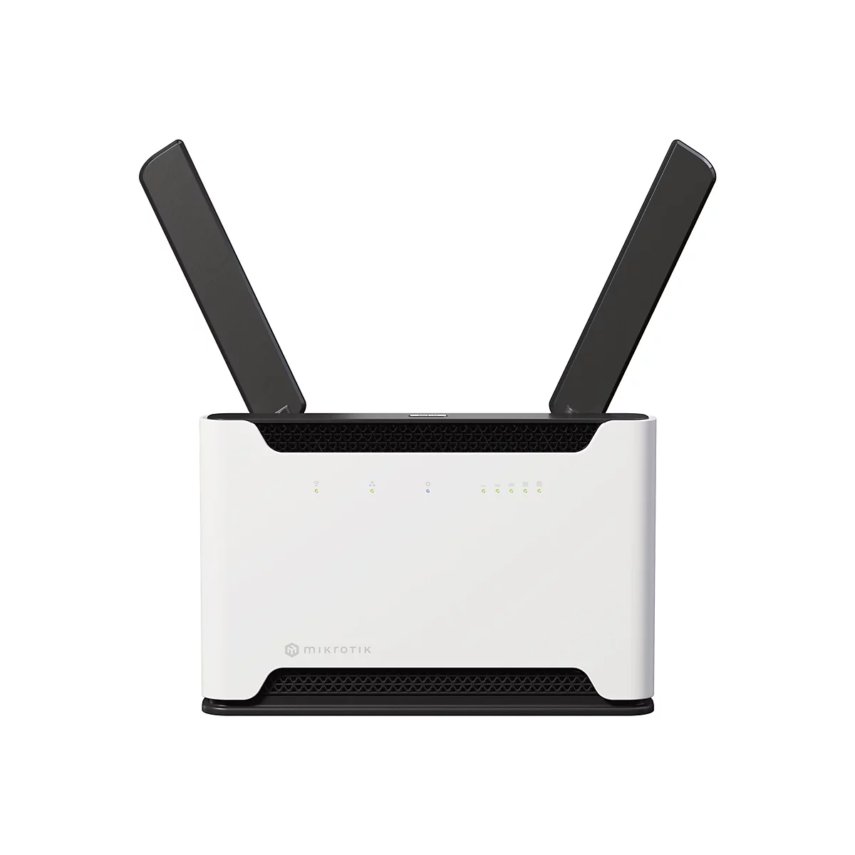 Weißer MikroTik Router mit zwei schwarzen Antennen, vorderseitigen Status-LEDs und Logo auf weißem Hintergrund.
