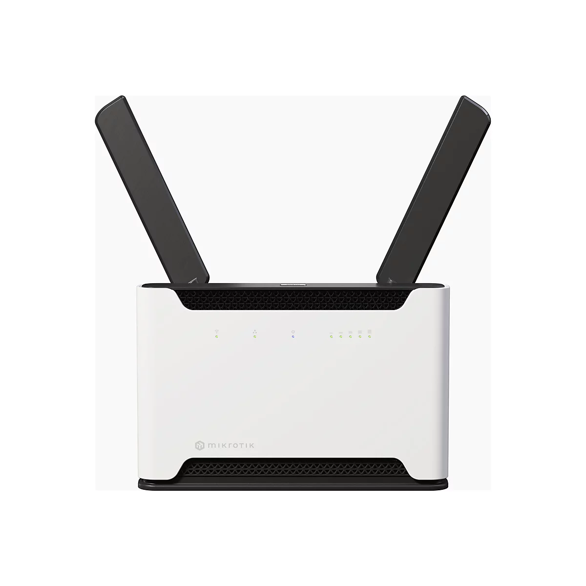 Weißer MikroTik Router mit zwei schwarzen Antennen und Status-LEDs vor neutralem Hintergrund.