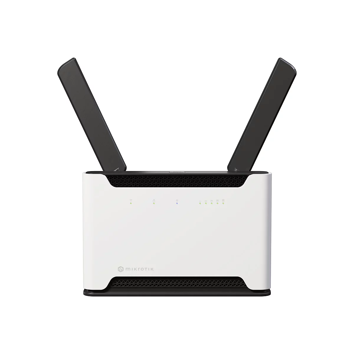 WeiÃŸer Router mit zwei schwarzen Antennen. Das GerÃ¤t ist rechteckig, mit schwarzem Gitter an der Ober- und Unterseite.