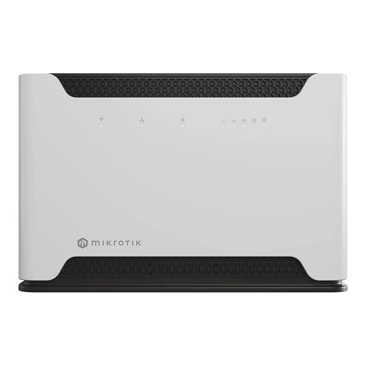 WeiÃŸer Router mit schwarzem Mesh-Gitter oben und unten. Mikrotik-Logo unten links.