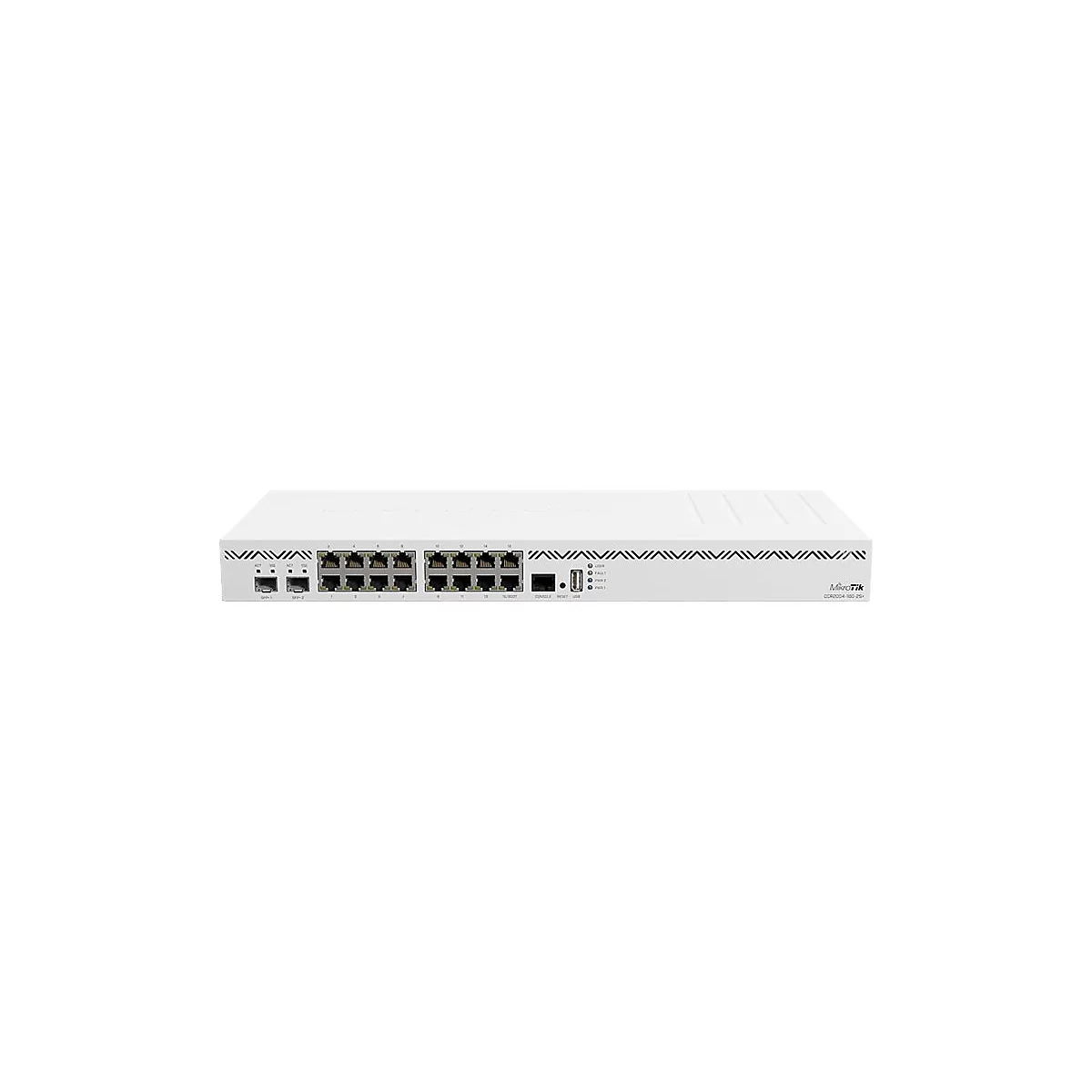 Weißer MikroTik CCR2004-1G-12S+2XS Router mit Netzwerkanschlüssen auf der Vorderseite vor weißem Hintergrund.