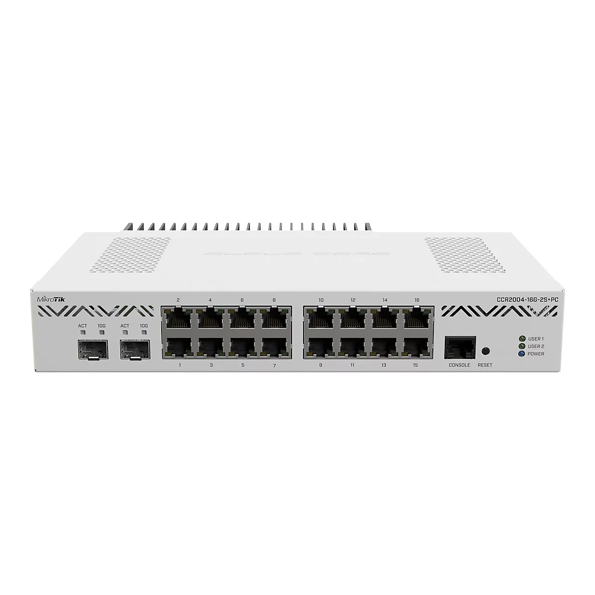 Ein weiÃŸes NetzwerkgerÃ¤t, viele Ethernet-AnschlÃ¼sse. Auf der Oberseite KÃ¼hlrippen, auf der RÃ¼ckseite Konsolenanschluss und LED-Anzeigen.