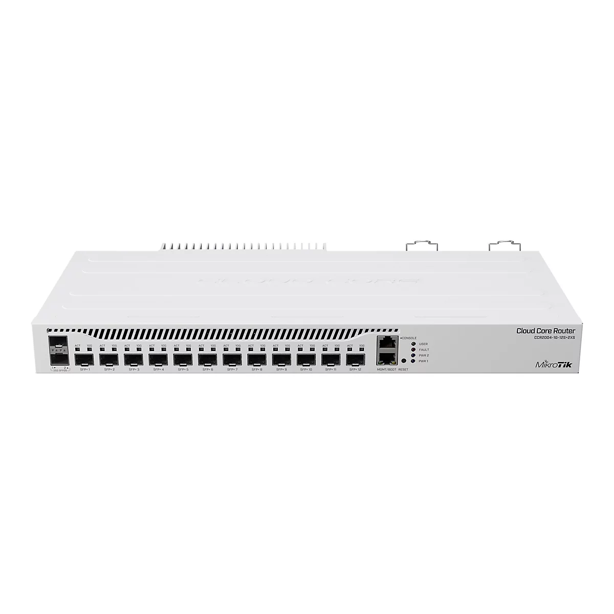 Weißer MikroTik Cloud Core Router CCR2004-1G-12S+2XS mit zahlreichen SFP-Anschlüssen vor weißem Hintergrund.