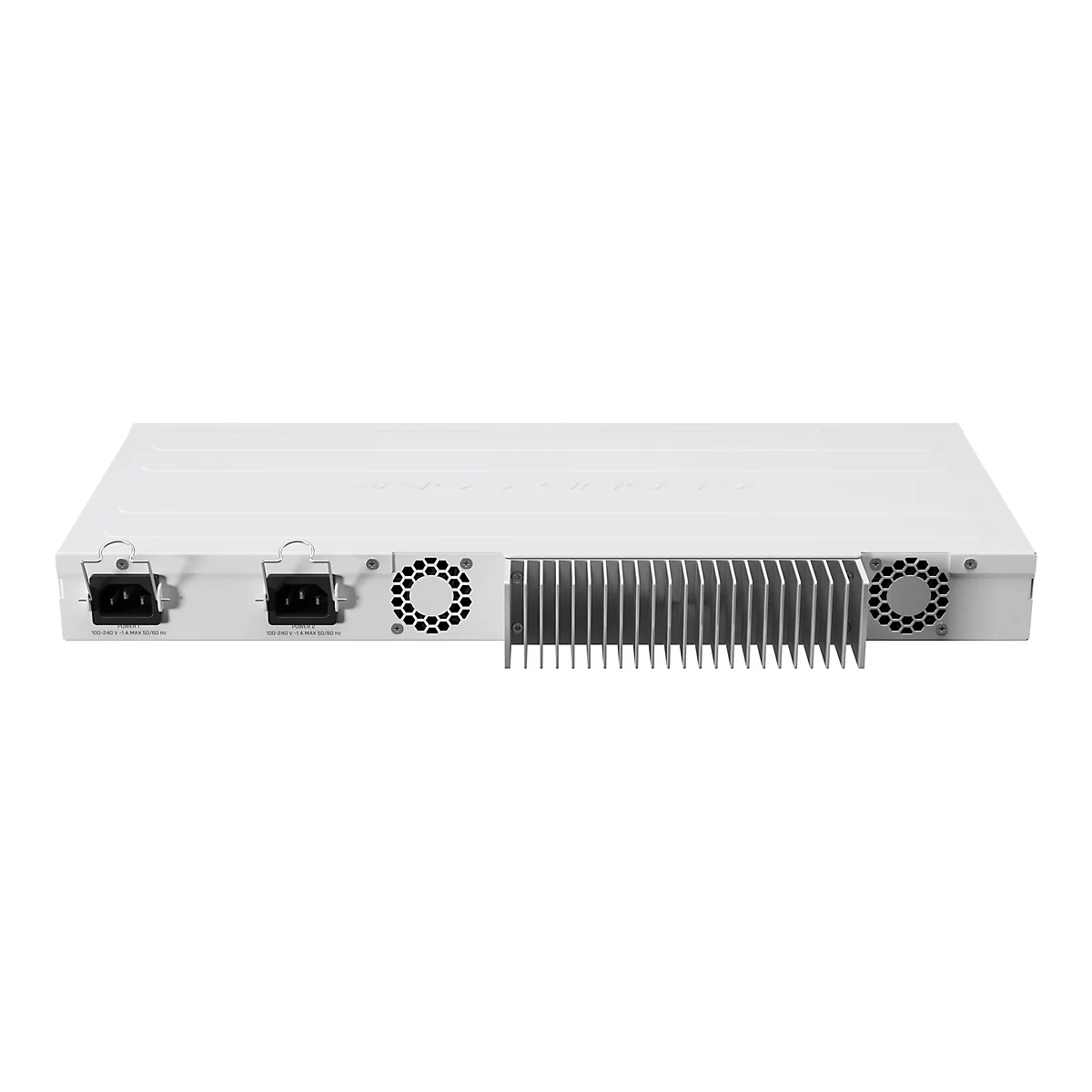 Rückseite eines weißen Cloud Core Netzwerk-Switches mit zwei Stromanschlüssen und Kühlrippen.
