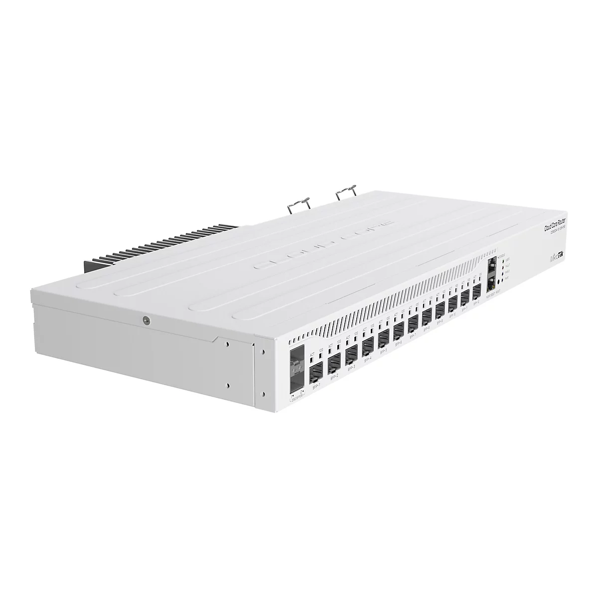 Weißer MikroTik Cloud Core Router mit mehreren SFP-Anschlüssen vor weißem Hintergrund.