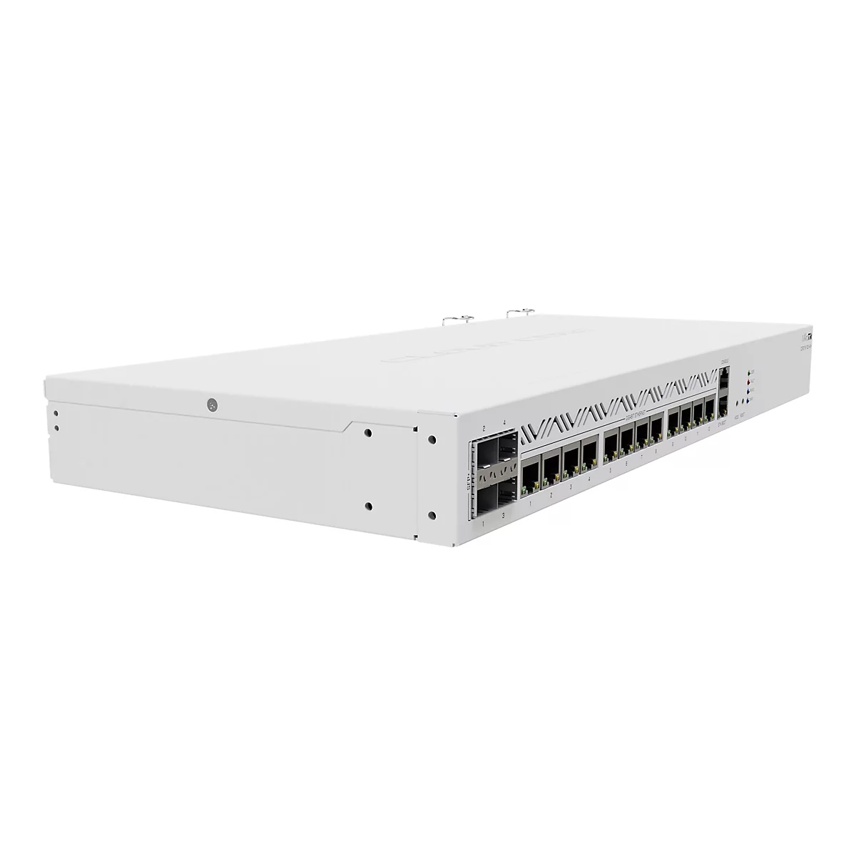 Weißer Cloud Core Router von MikroTik in der Front- und Seitenansicht mit zahlreichen Ethernet- und SFP+-Ports.