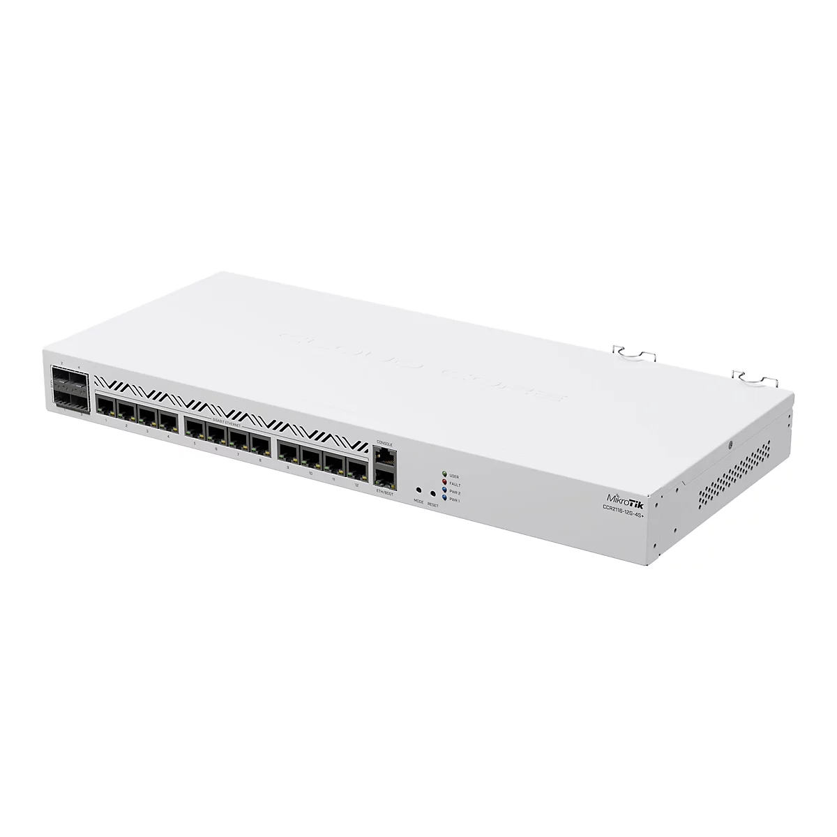 Weißer MikroTik Cloud Core Router CCR2116-12G-4S+ vor weißem Hintergrund.