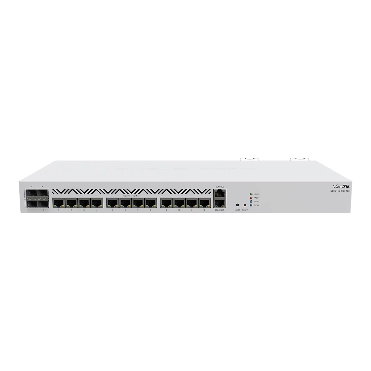 Weißer MikroTik CCR2116-12G-4S+ Netzwerk-Router mit zahlreichen Ethernet- und SFP-Ports vor weißem Hintergrund.