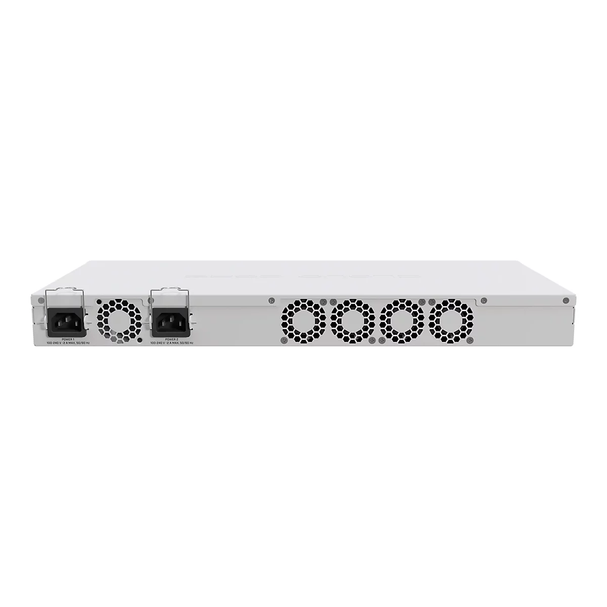 Rückseite eines weißen Netzwerk-Switches mit zwei Stromanschlüssen und vier Lüftergittern auf hellem Hintergrund.