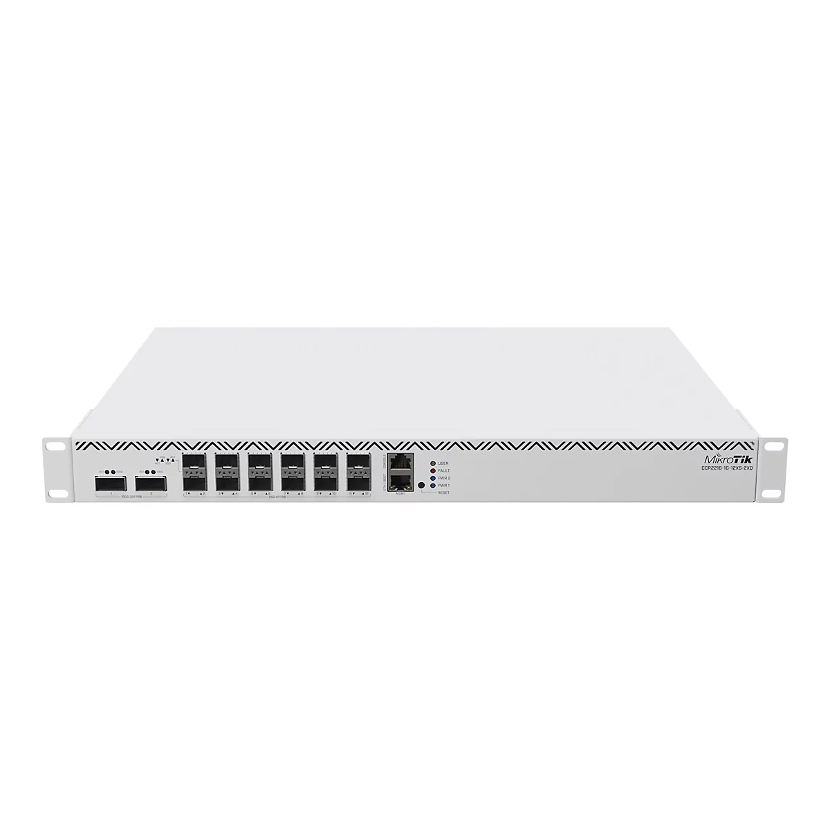 Weißer MikroTik Netzwerk-Router CCR2216-1G-12XS-2XQ mit zahlreichen Anschlüssen vor weißem Hintergrund.