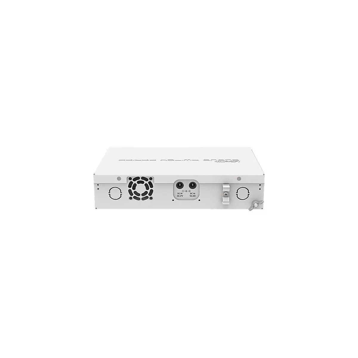 Weiße Rückseite eines Netzwerk-Switches mit Lüftergitter, zwei DC-Eingängen und Kabelhalterung vor weißem Hintergrund.