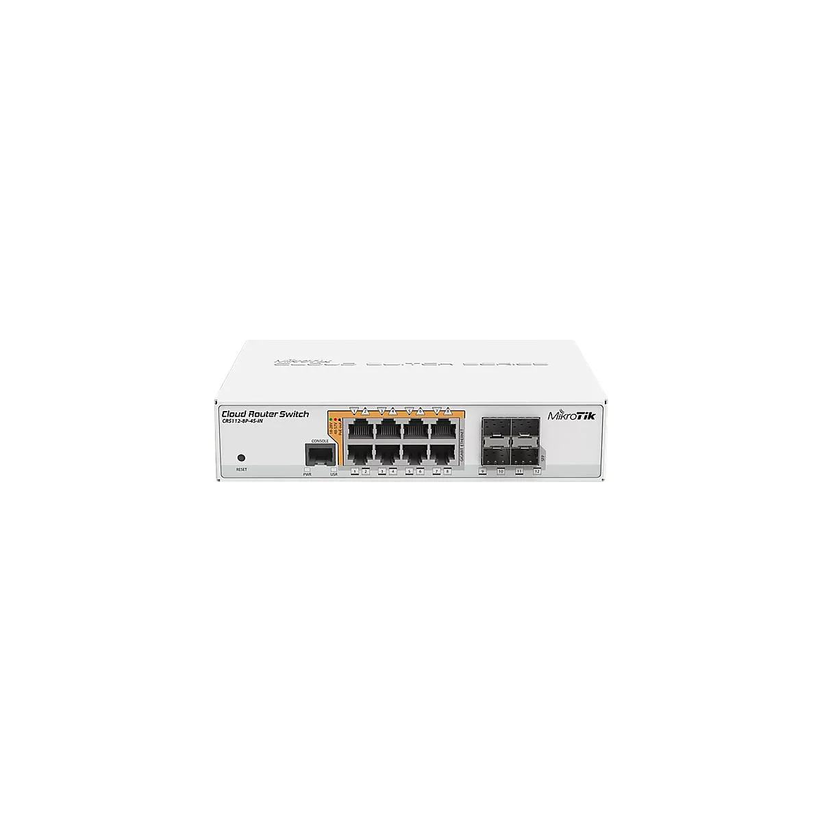 Weißer MikroTik Cloud Router Switch CRS112-8P-4S-IN mit 8 Ethernet- und 4 SFP-Ports auf weißem Hintergrund.