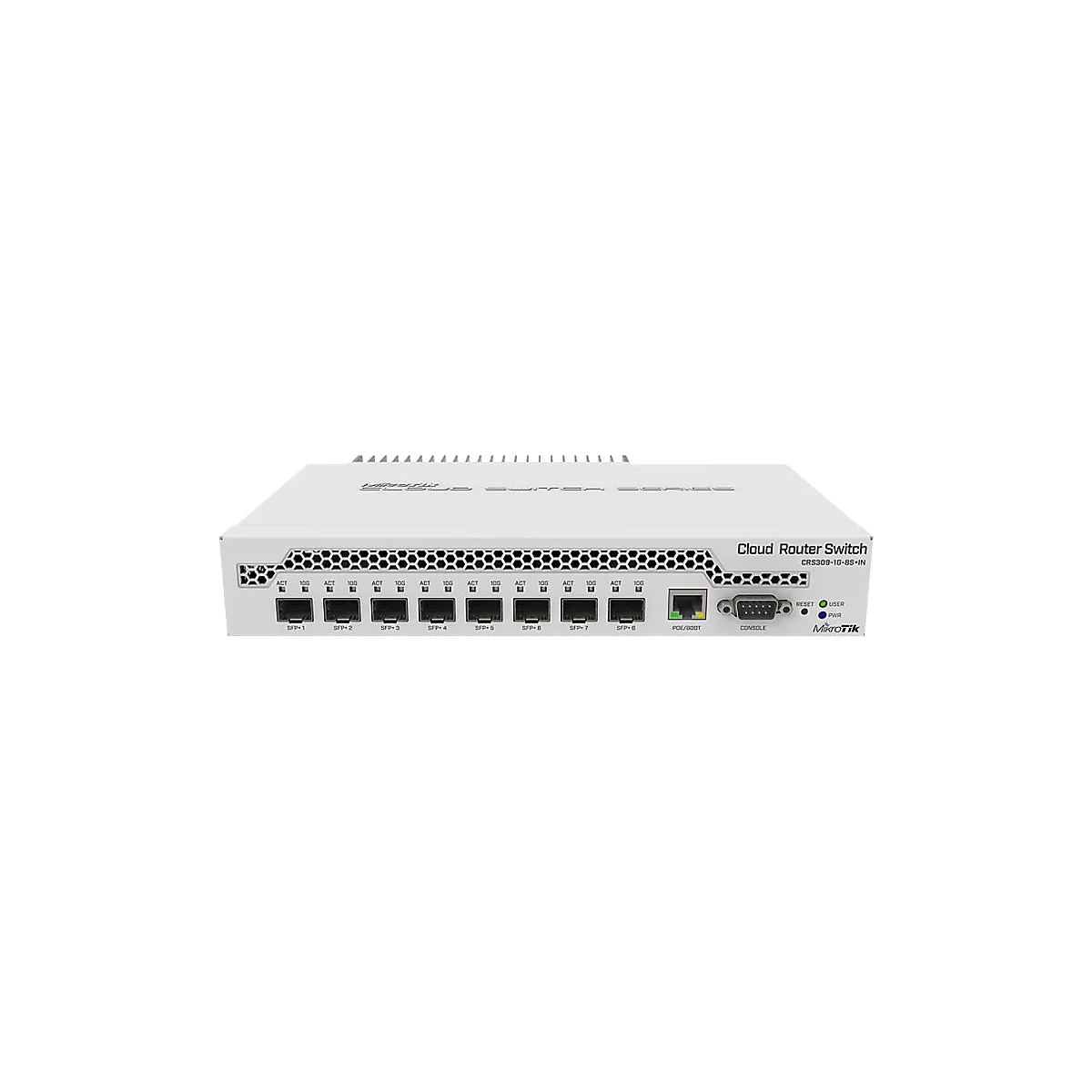 Ein weiÃŸes Cloud-Router-Switch-GerÃ¤t mit NetzwerkanschlÃ¼ssen und Anzeigen auf weiÃŸem Hintergrund. Text: Cloud Router Switch.