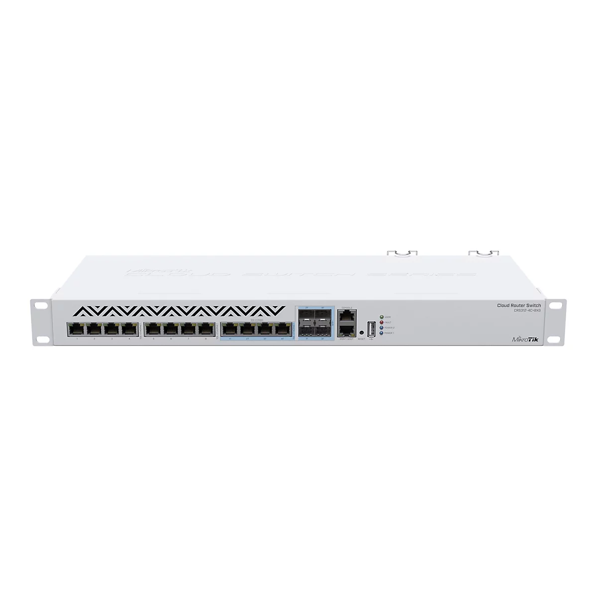 Vorderansicht eines weißen MikroTik Cloud Router Switches CRS312-4C+8XG vor neutralem Hintergrund.