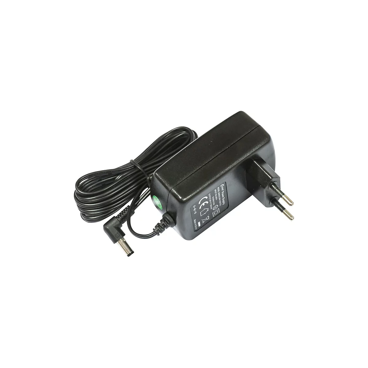 Schwarzes Netzteil mit Eurostecker, Kabel und grÃ¼nem Einschalter.