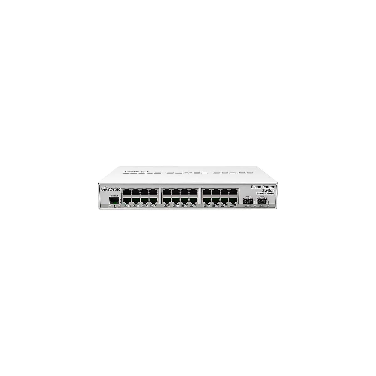Ein weiÃŸer Cloud Router Switch mit mehreren AnschlÃ¼ssen und der Aufschrift 'MikroTik'.