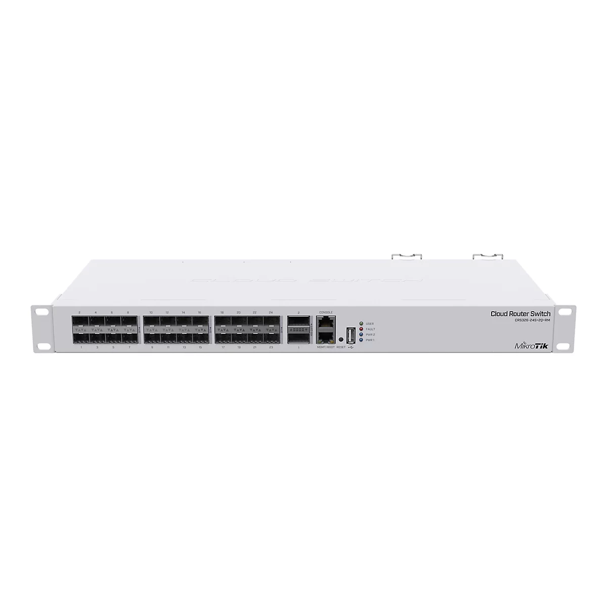 Weißer MikroTik Cloud Router Switch CRS326-24S+2Q+RM mit zahlreichen SFP- und QSFP-Anschlüssen vor weißem Hintergrund.