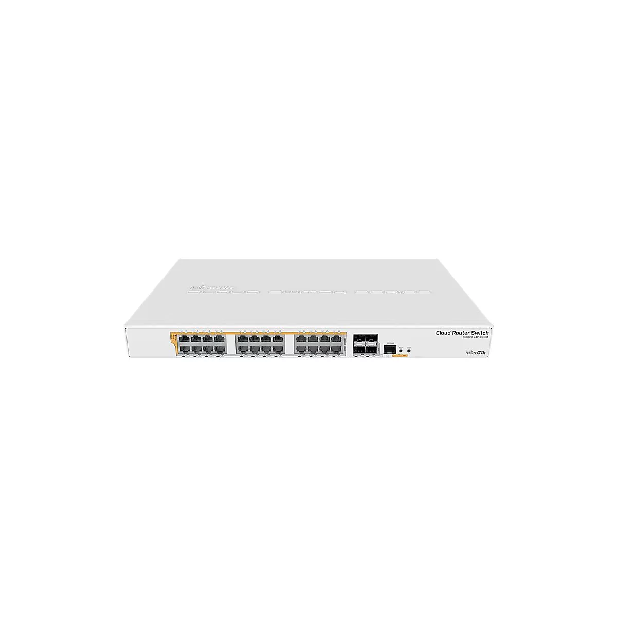 MikroTik Cloud Router Switch CRS328-24P-4S-RM in einem weißen Gehäuse vor neutralem Hintergrund.