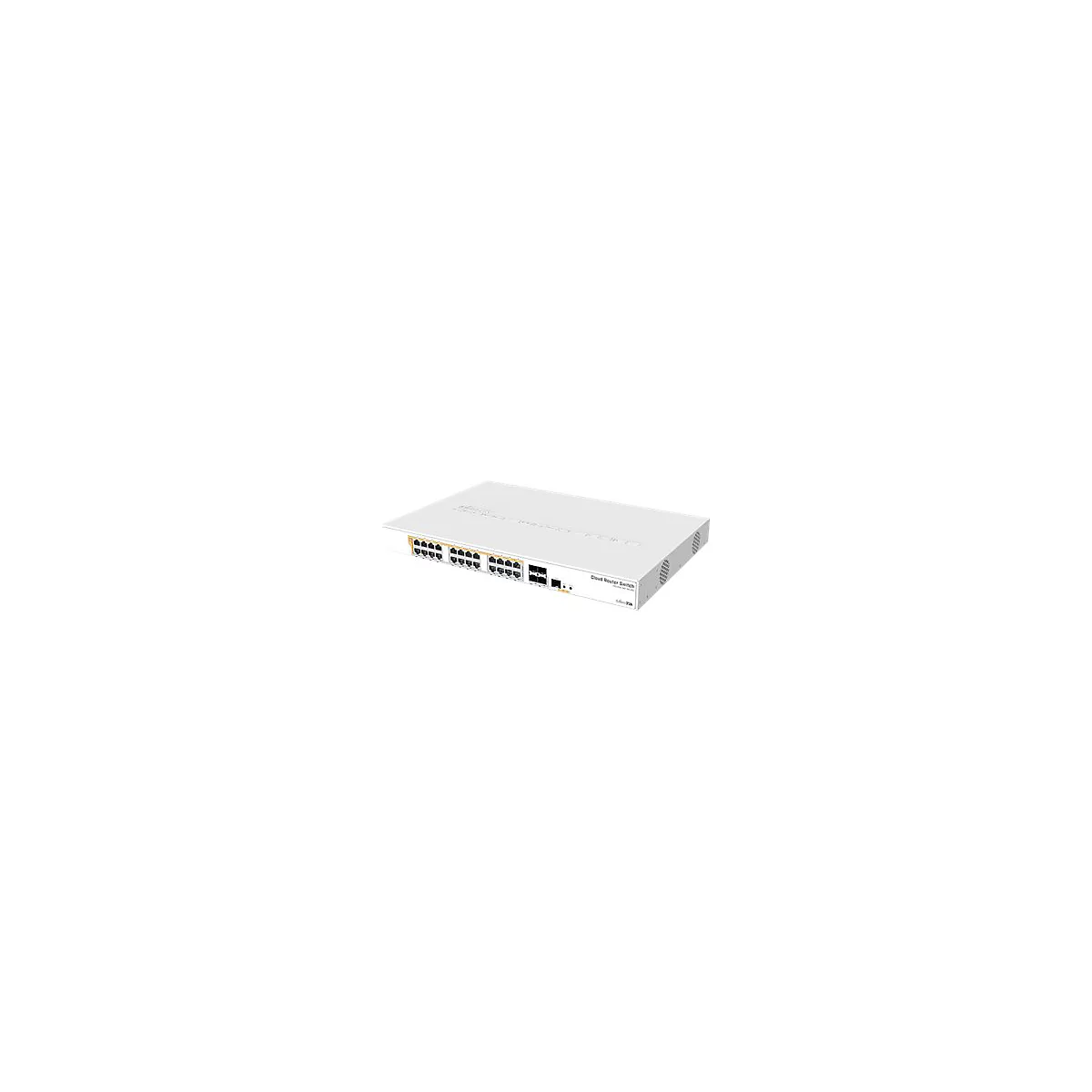 Weißer MikroTik Cloud Router Switch mit mehreren Netzwerkanschlüssen auf weißem Hintergrund.