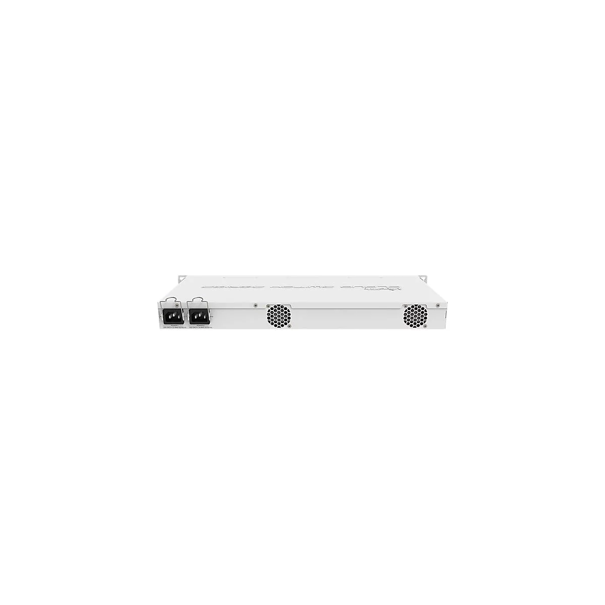 Rückseite eines weißen MikroTik Netzwerk-Switches mit zwei Stromanschlüssen und zwei Lüftergittern.
