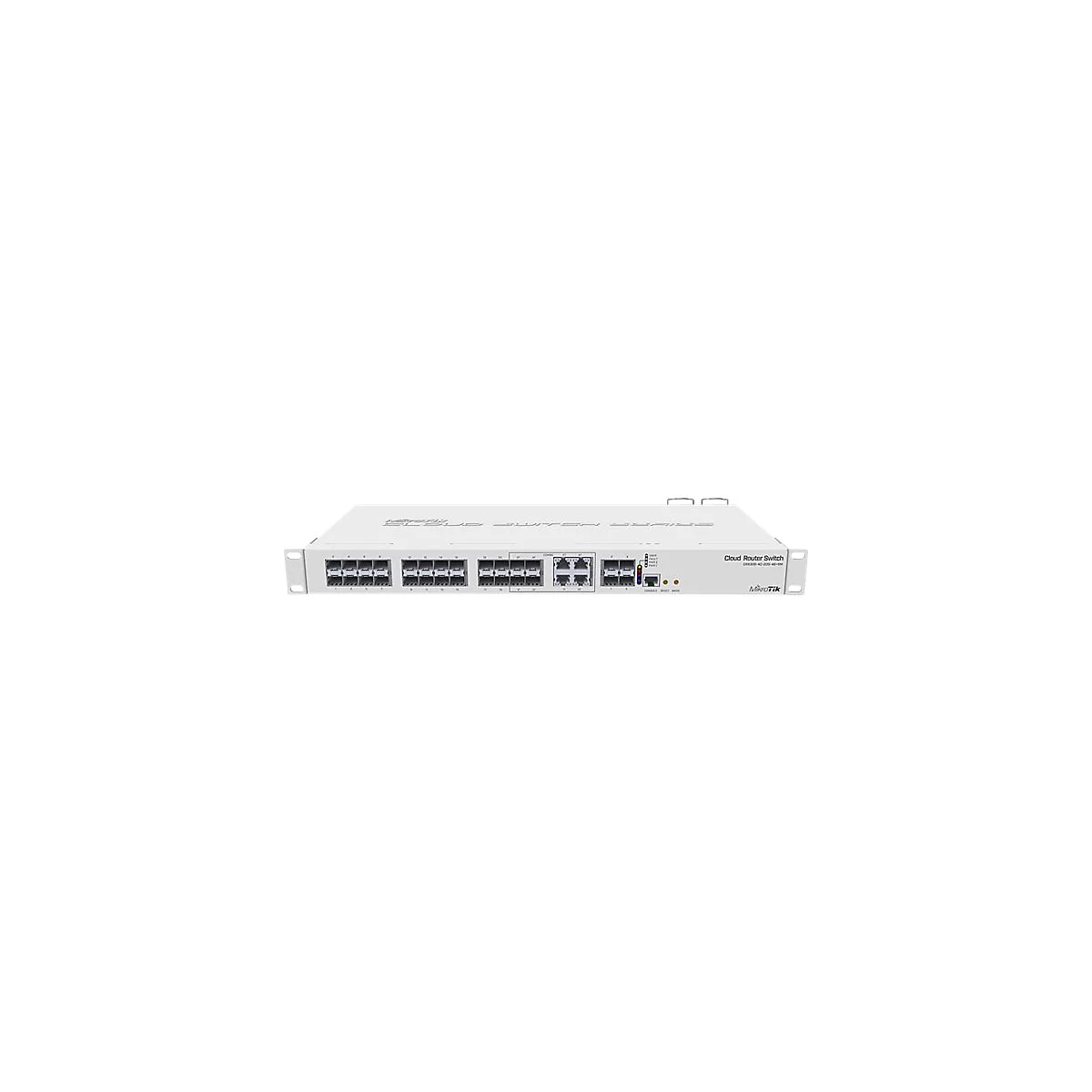 Weißer MikroTik Cloud Router Switch CRS326 vor weißem Hintergrund.
