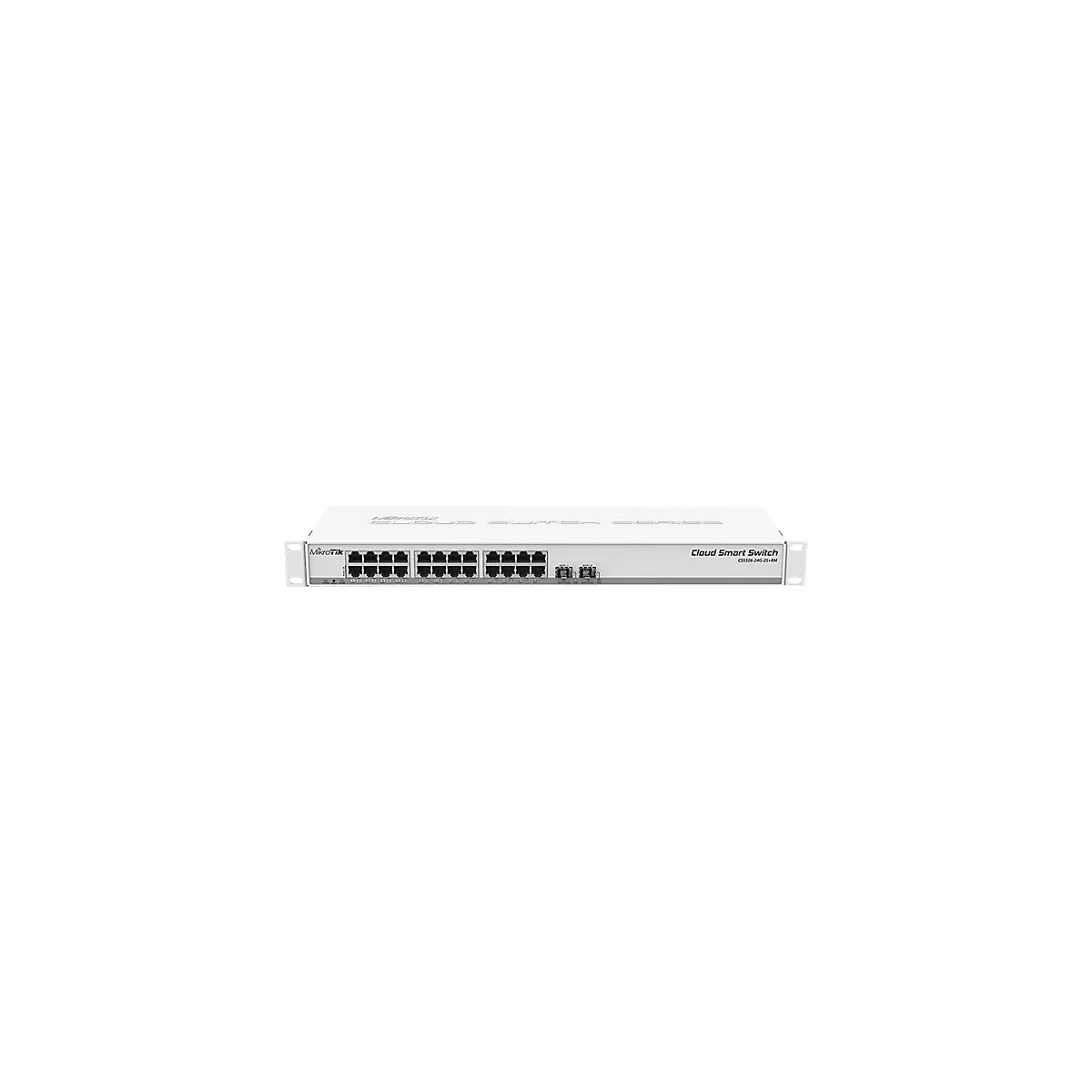 Weißer MikroTik Cloud Smart Switch mit zahlreichen Anschlüssen vor hellem Hintergrund.