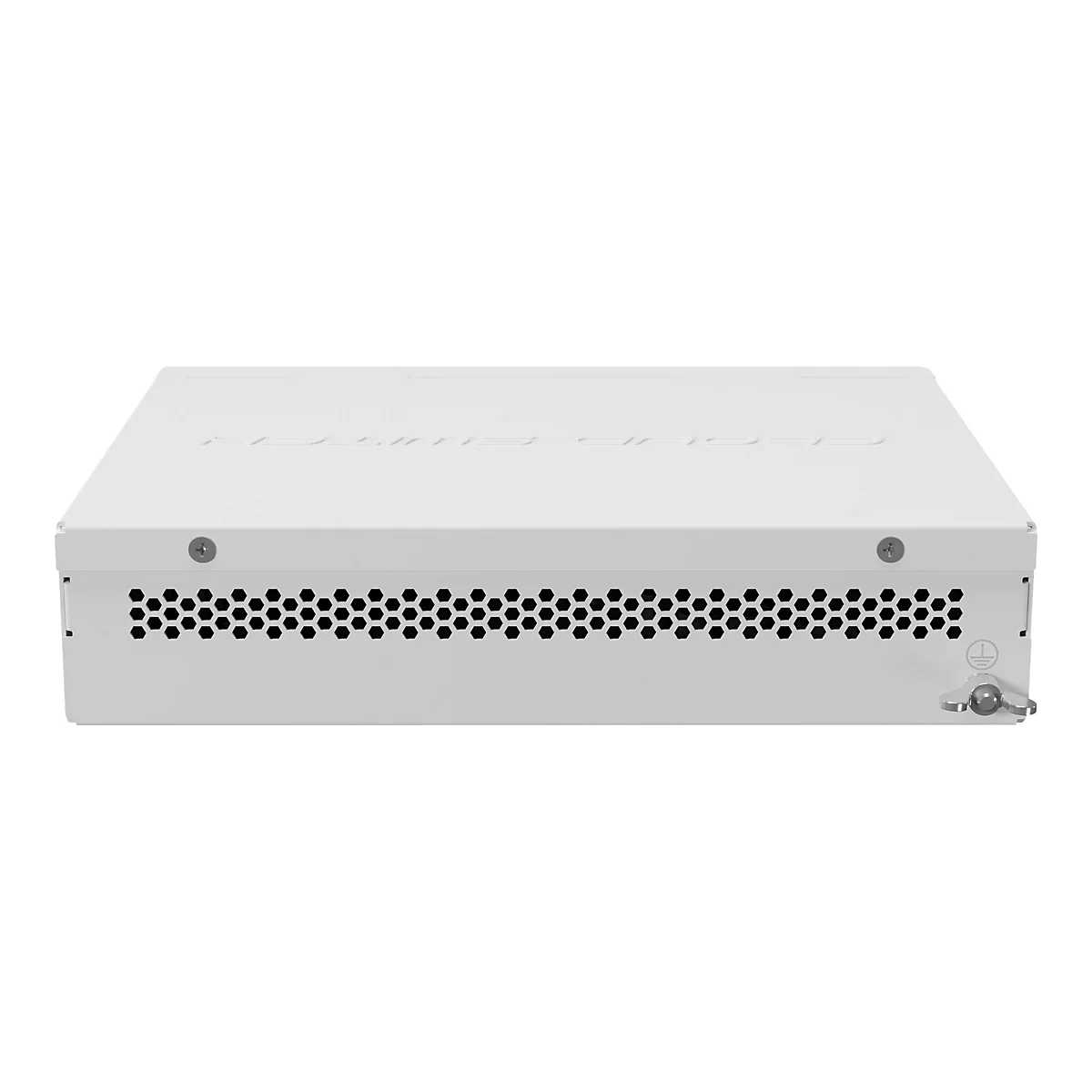 Weißes Cloud Switch Gehäuse mit Lüftungsschlitzen in Wabenmuster vor weißem Hintergrund.