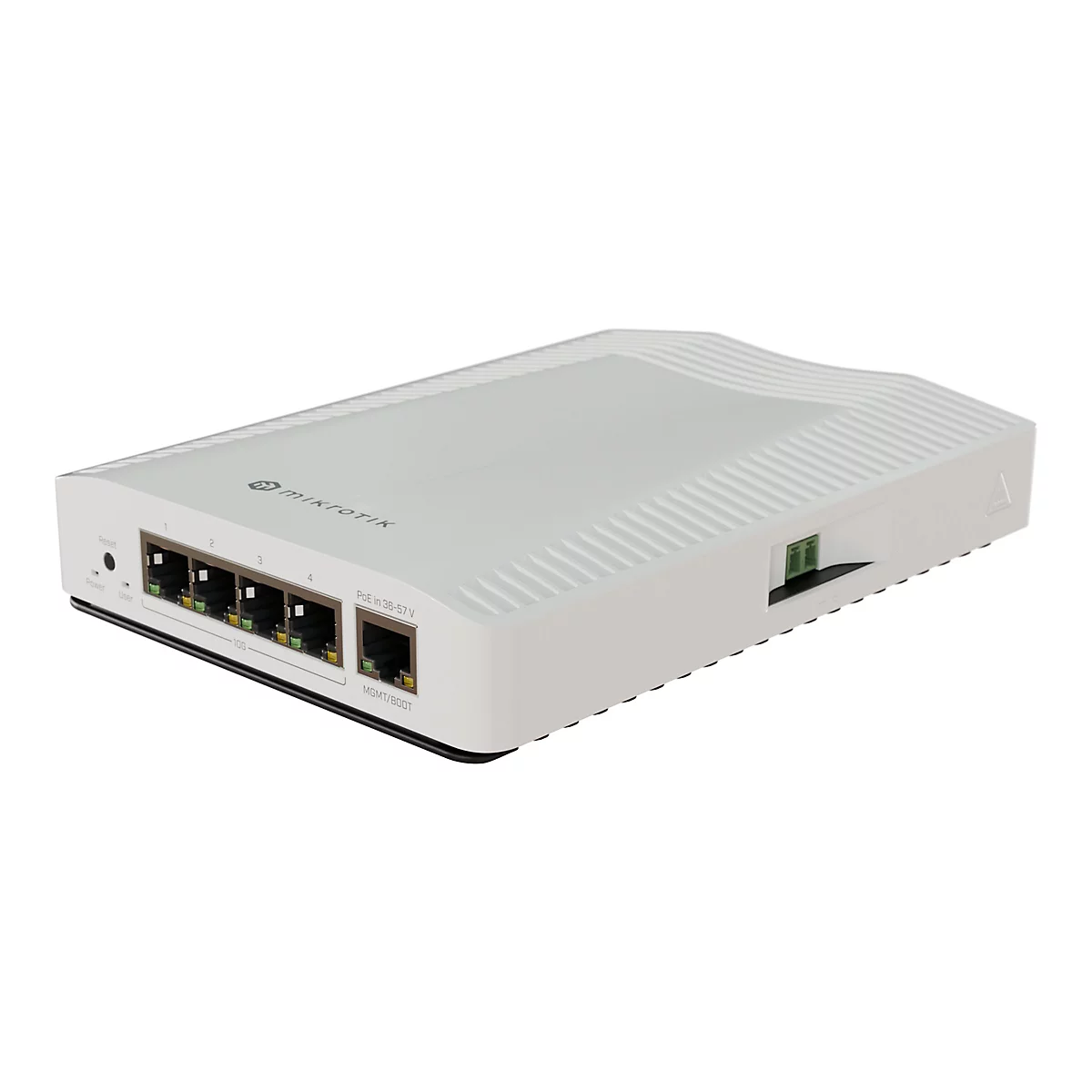 Ein weißer Router mit mehreren Anschlüssen und dem Logo von Mikrotik. Auf der Oberfläche befinden sich Anschlüsse, darunter Reset, Power und User.