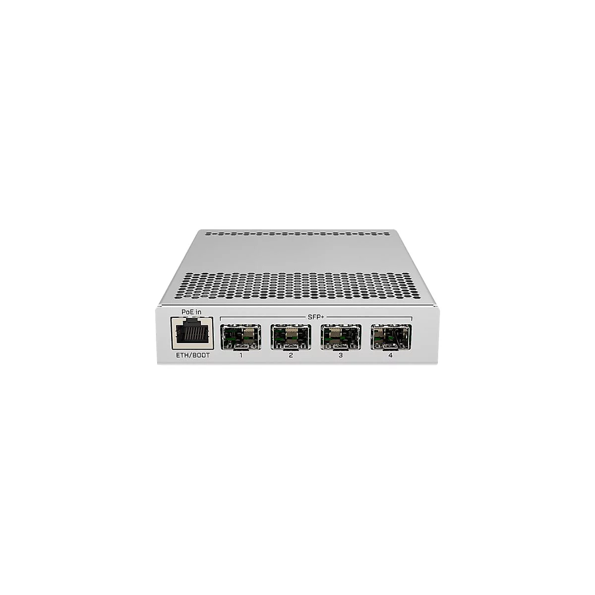 Netzwerk-Switch mit vier SFP+ Anschlüssen und einem PoE-Eingang in einem silbernen Metallgehäuse.