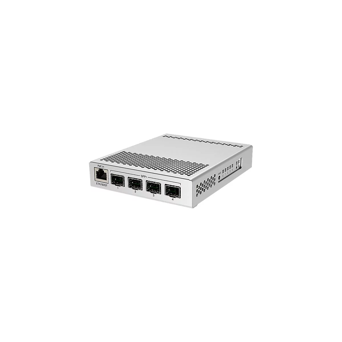 Silberner Netzwerk-Switch mit einem PoE-Eingang und vier SFP-Plus-Anschlüssen vor weißem Hintergrund.