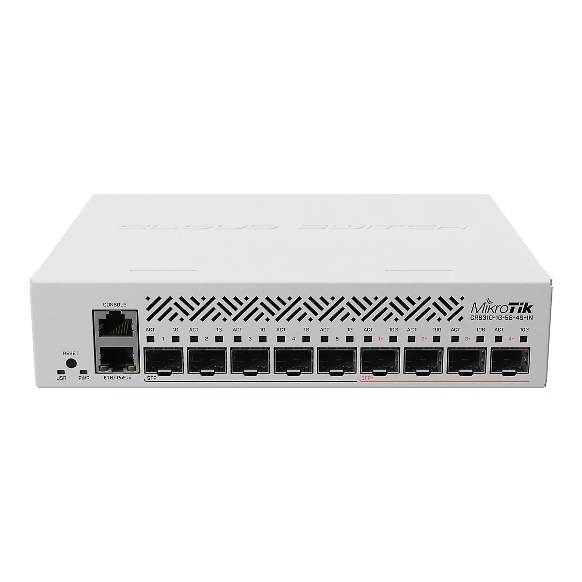 Weißer MikroTik Cloud Switch mit zahlreichen Ethernet- und SFP+-Ports auf der Vorderseite.