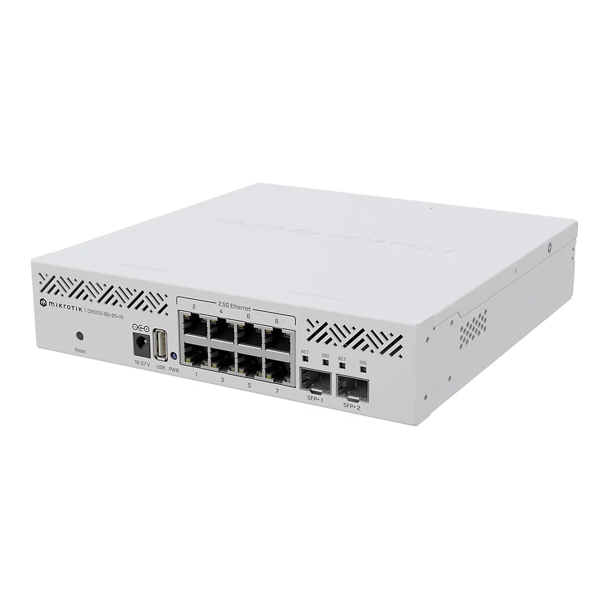 WeiÃŸes NetzwerkgerÃ¤t mit AnschlÃ¼ssen auf der Vorderseite, auf hellem Hintergrund. Das GerÃ¤t trÃ¤gt die Aufschrift MIKROTIK.