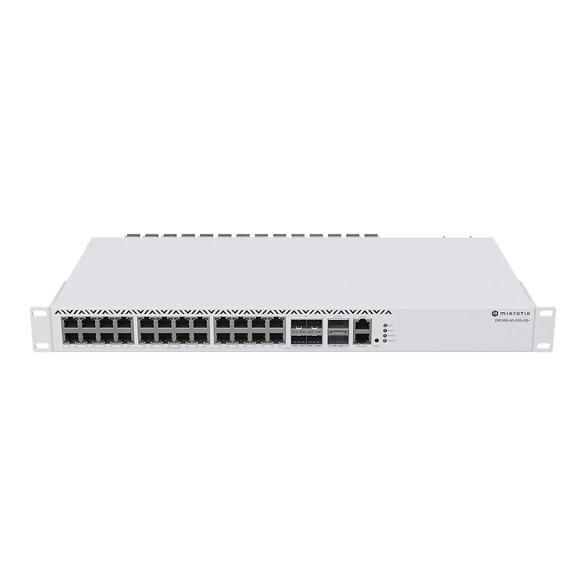 Weißer MikroTik Netzwerk-Switch CRS326-4C+20G+2Q+ mit zahlreichen Anschlüssen vor weißem Hintergrund.