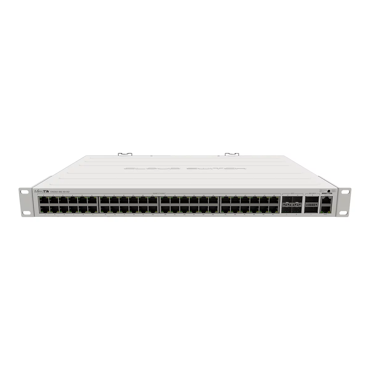 MikroTik Cloud Switch CRS354-48G-4S+2Q+ in weißer Gehäuseausführung mit zahlreichen Netzwerkanschlüssen.