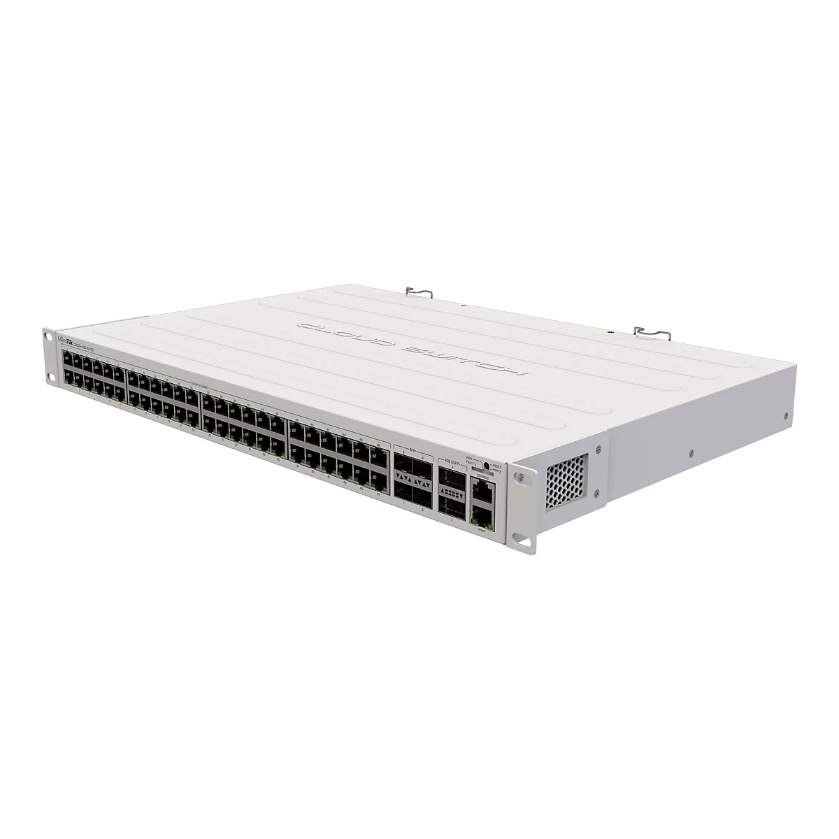 Weißer MikroTik Cloud Switch CRS354 in der Frontalansicht mit zahlreichen Ethernet- und SFP-Ports.