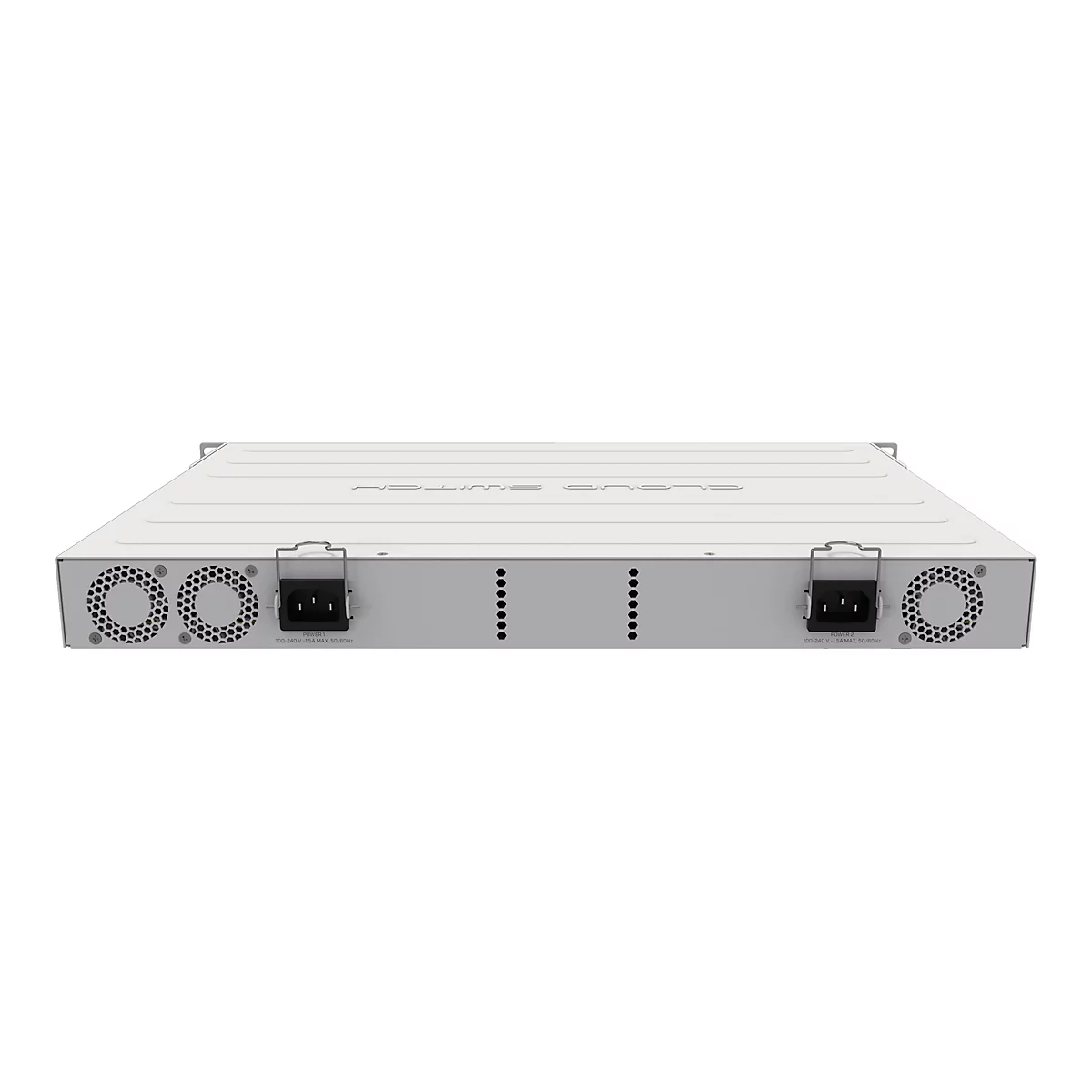 Rückseite eines weißen Cloud-Switches mit zwei Netzteileingängen und zwei Lüftern vor neutralem Hintergrund.