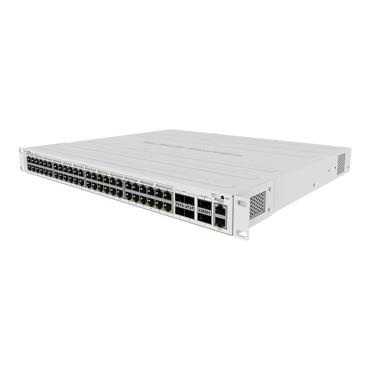 Weißer MikroTik CRS354 Netzwerk-Switch mit zahlreichen Ethernet- und Glasfaseranschlüssen auf der Vorderseite.