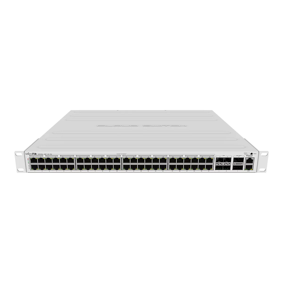Weißer Mikrotik CRS354 Netzwerk-Switch mit zahlreichen Anschlüssen in der Frontansicht.