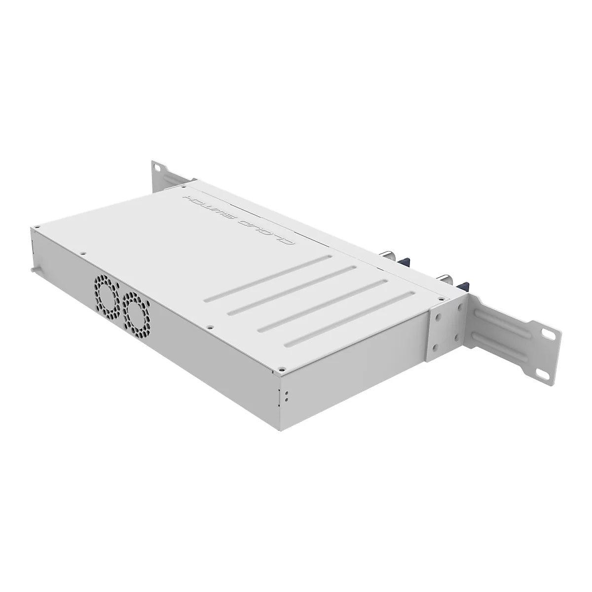 Weißer Netzwerk-Switch im Rack-Gehäuse mit Lüftern und seitlichen Befestigungswinkeln vor weißem Hintergrund.