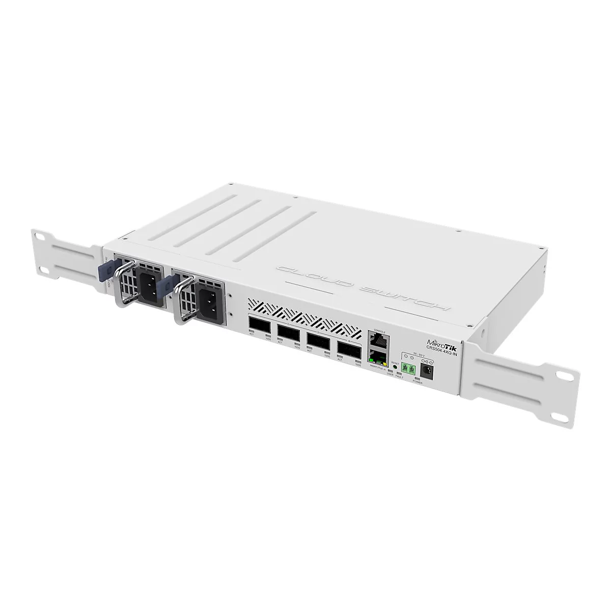 Weißer MikroTik Cloud Switch CRS504-4XQ-IN mit Rack-Montagewinkeln und Anschlüssen auf einer weißen Fläche.