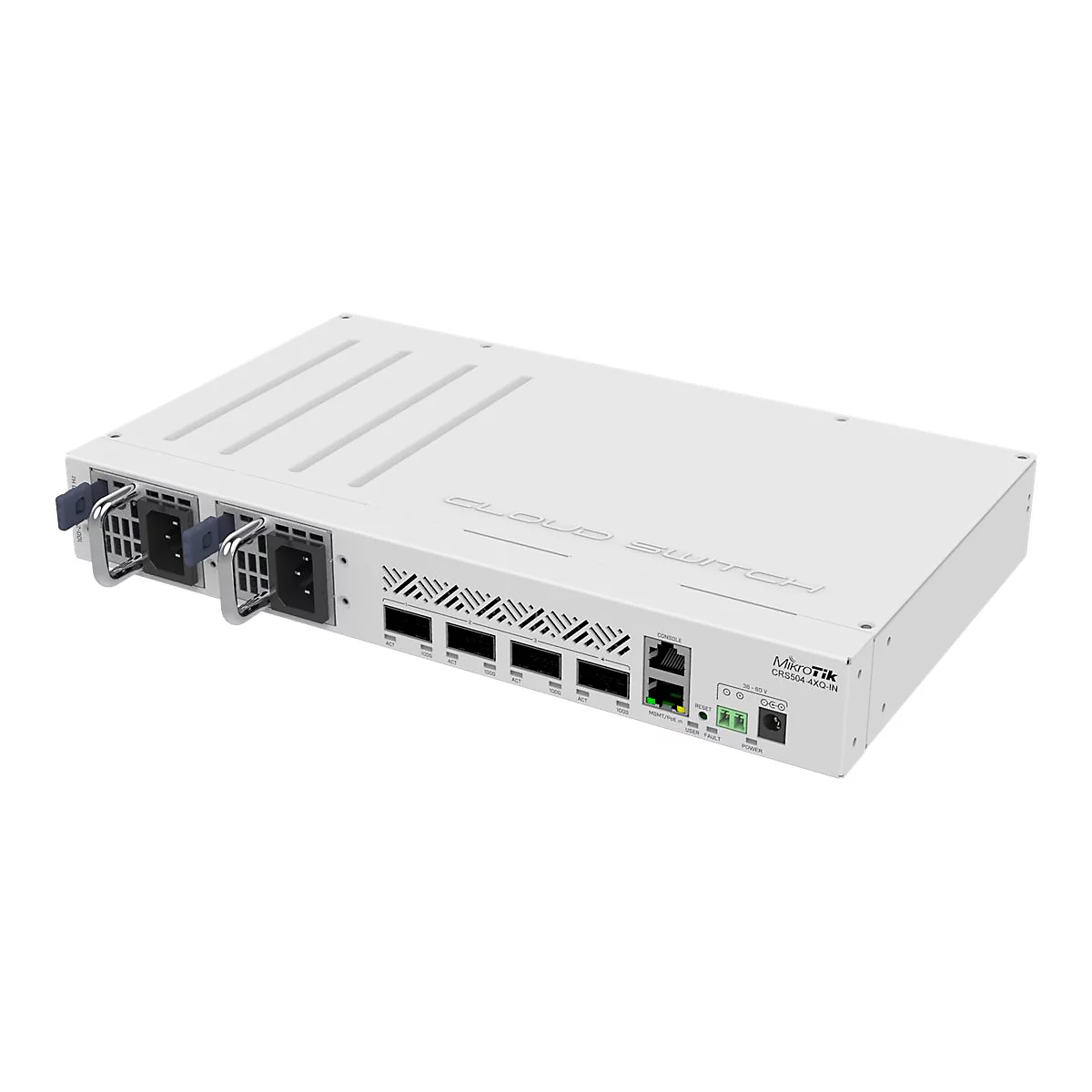 Weißer MikroTik CRS504-4XQ-IN Cloud Switch vor weißem Hintergrund.