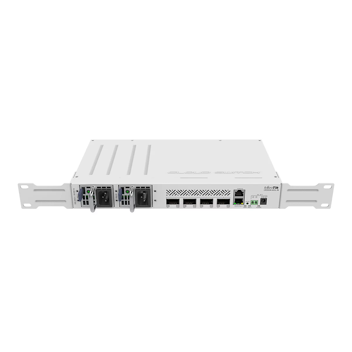 Grauer MikroTik CRS504-4XQ IN Netzwerk-Switch mit vier Ports und zwei Netzteileinschüben vor weißem Hintergrund.
