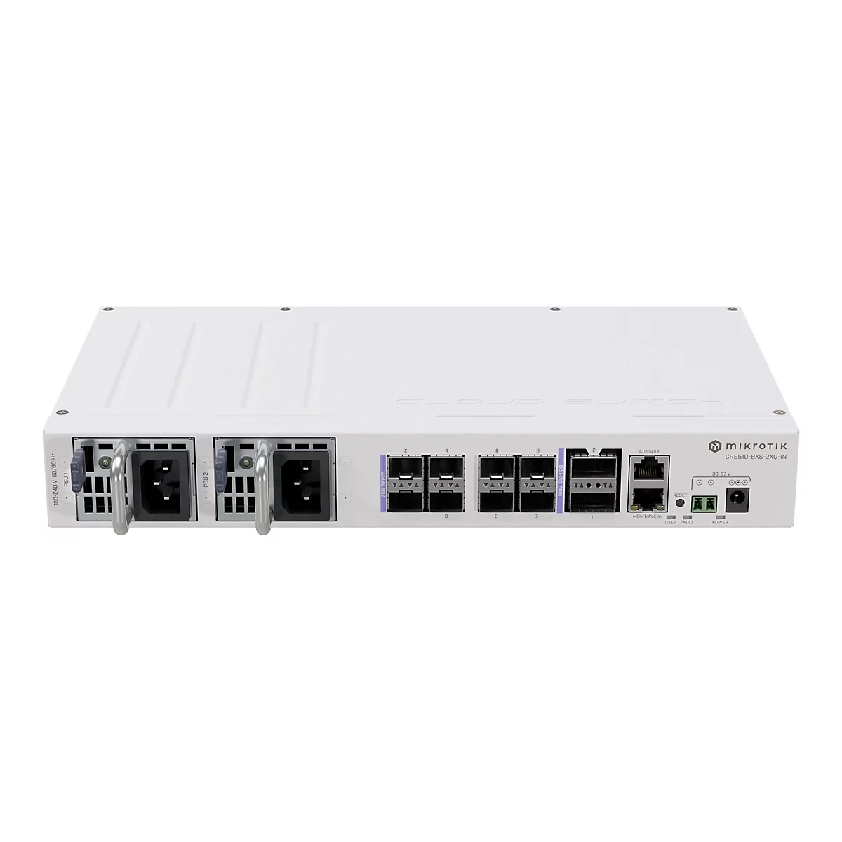 Weißer MikroTik CRS510-8XS-2XQ-IN Netzwerk-Switch mit verschiedenen Anschlüssen auf der Vorderseite.