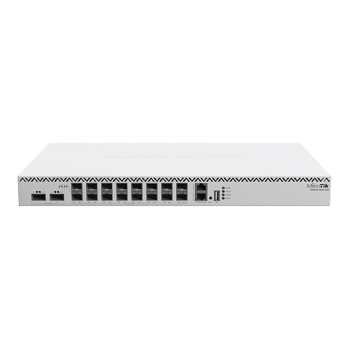 Weißer MikroTik Cloud Router Switch mit zahlreichen Netzwerkanschlüssen vor weißem Hintergrund.