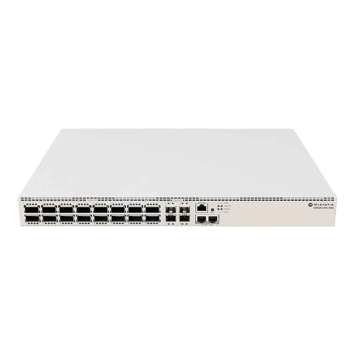 MikroTik CRS520-4XS-16XQ Netzwerk-Switch mit zahlreichen Anschlüssen in weißem Gehäuse vor neutralem Hintergrund.