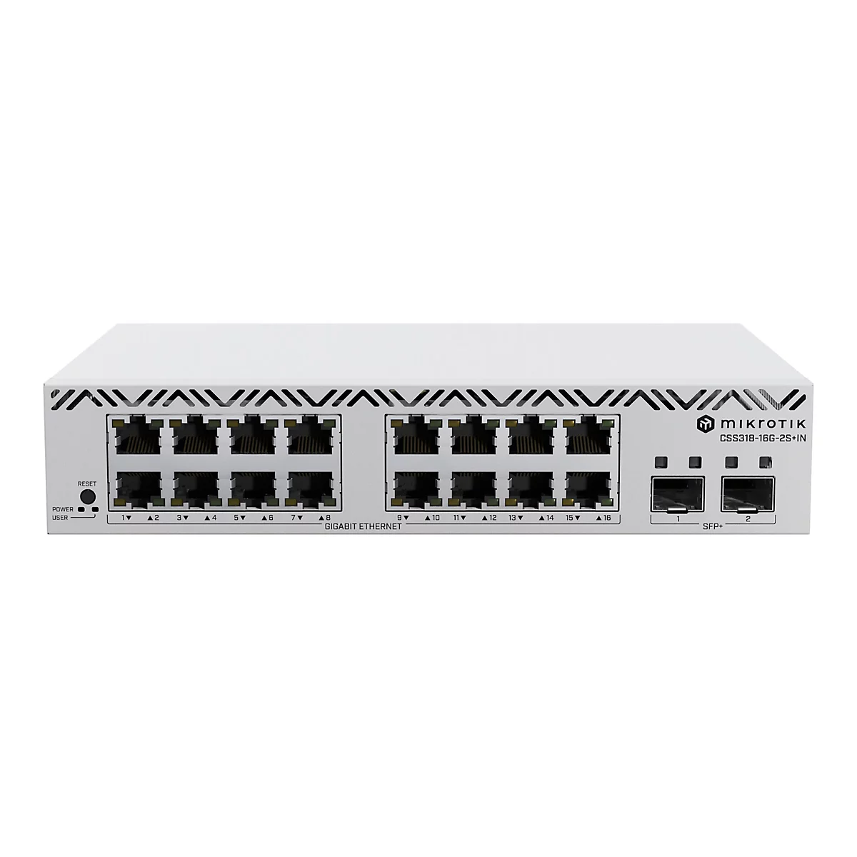 Weißer MikroTik Netzwerk-Switch CSS318-16G-2S+IN mit 16 Gigabit-Ethernet-Ports und 2 SFP+-Steckplätzen.