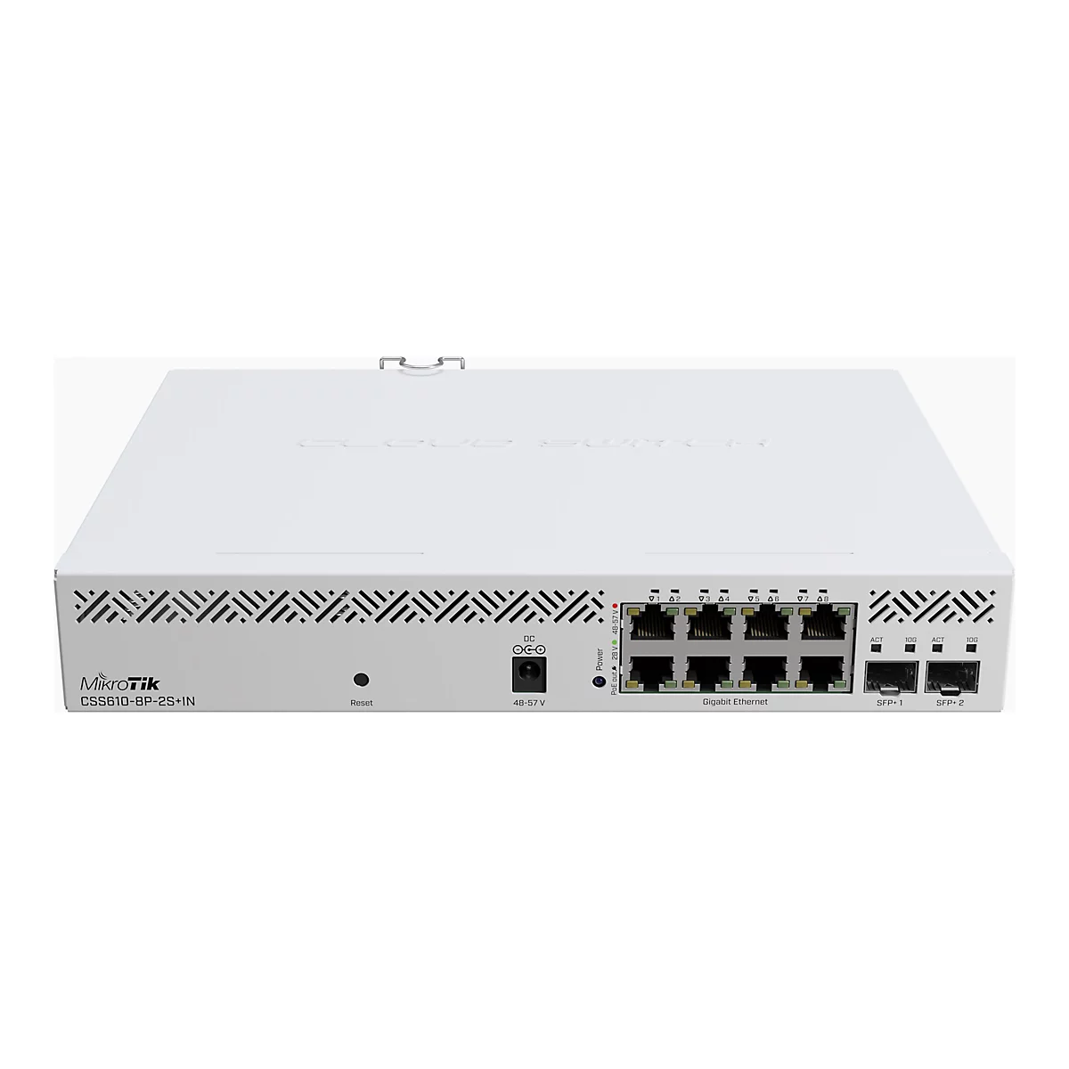 Weißer MikroTik Cloud Switch CSS610-8P-2S+IN mit Ethernet- und SFP+-Ports auf weißem Hintergrund.